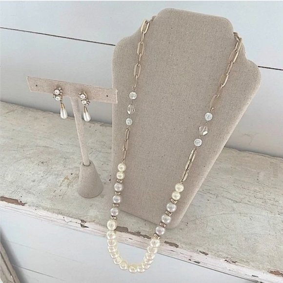 Paperclip Necklace Gold Tone Pearls Brand New AND Pearl Earrings Bundle Jewelry - Picture 2 of 13